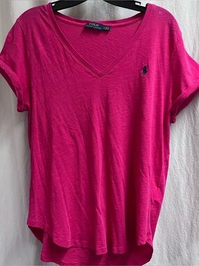 Woman’s Polo Ralph Lauren Large V-Neck T-shirt Pink Cotton Rolled Sleeves